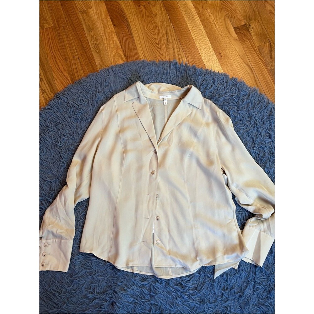 Escada Cream Beige 100% Silk Button-Up Blouse Size L NWT Quiet Luxury